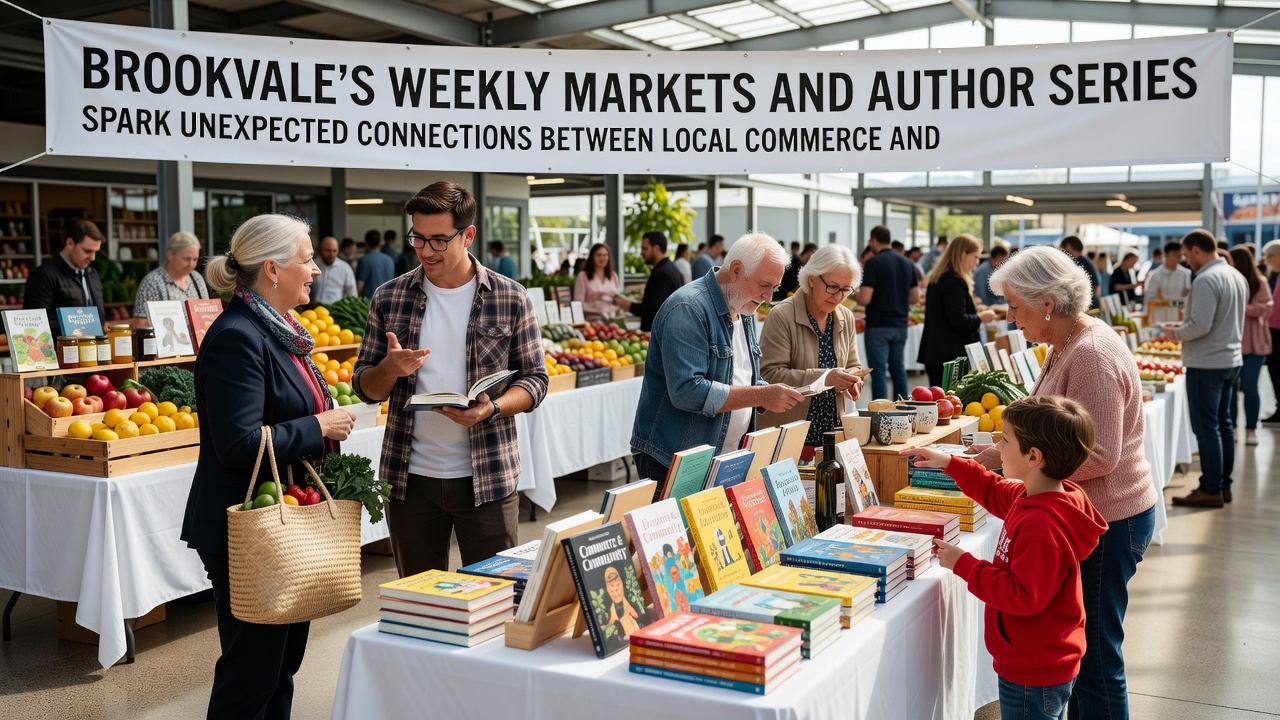 Author speaking to a crowd at the Brookvale market with vendors and cultural displays in the background