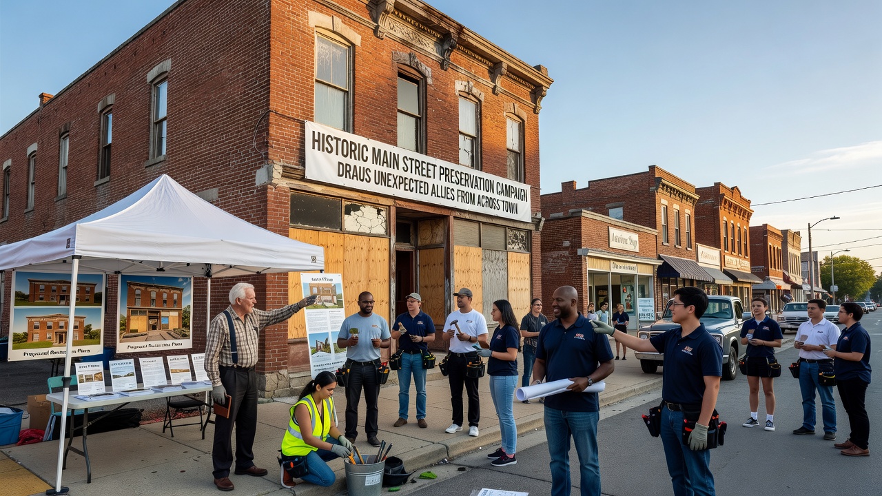 Community meeting inside a preserved Main Street building showing diverse group of supporters reviewing architectural plans
